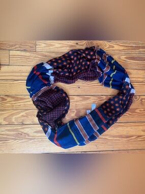 LOFT Navy and Brown Patterned Infinity Scarf with Red and Yellow Accents